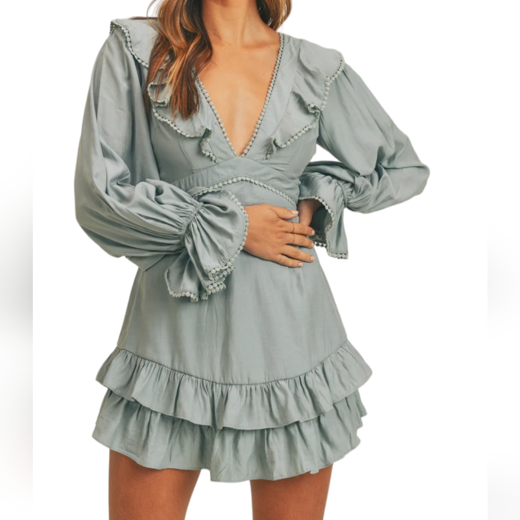 Saints+Secrets Green Mini Dress With Ruffles Long Sleeve V Neck Size S Small